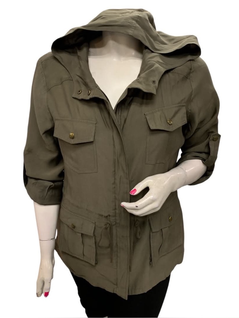 Amanda Green Hooded Olive Utility Jacket with Drawstring Waist Size XL